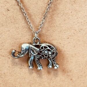 Silver Tone Elephant Pendant Clear Crystals Open Cutout Design Long Chain